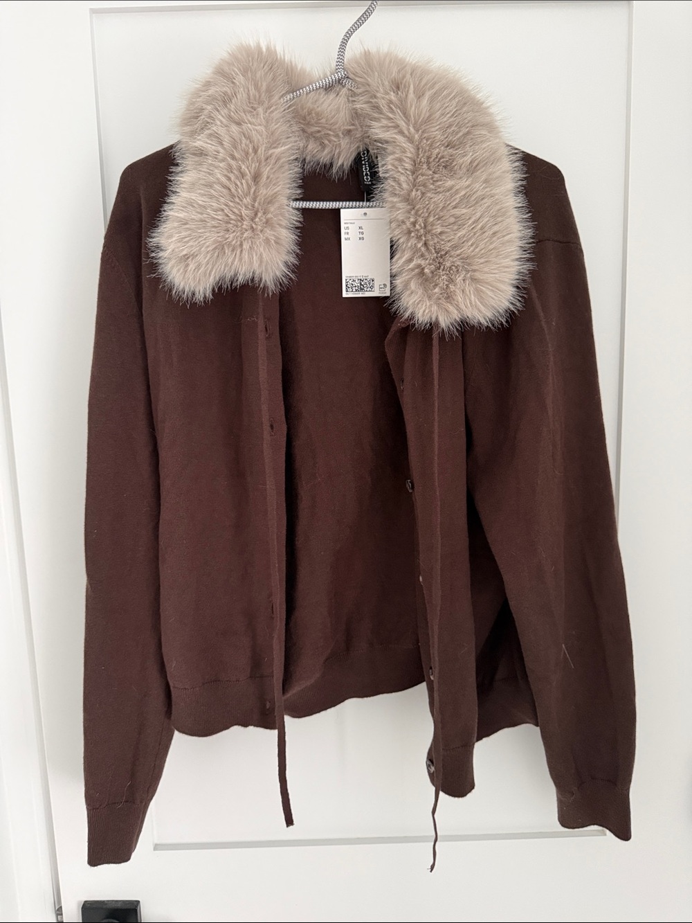 H&M Brown Sweater Cardigan with Beige Faux Fur Collar